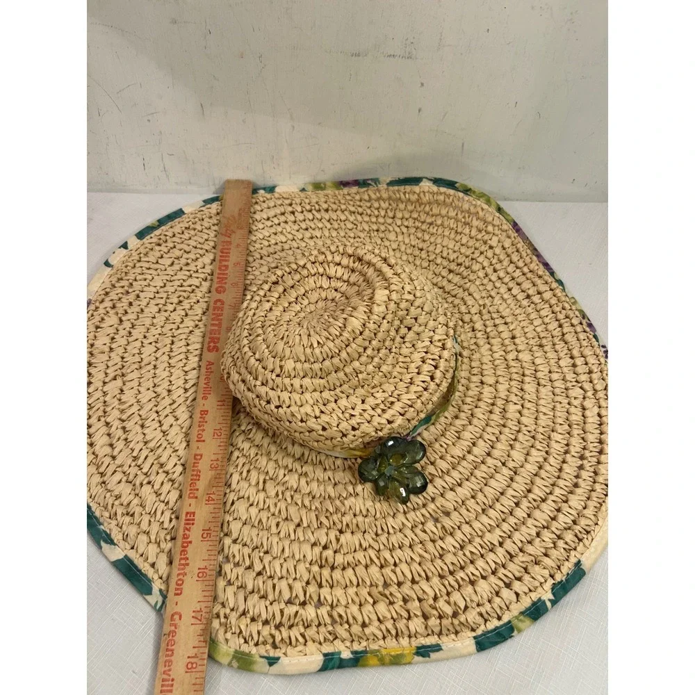 August Straw Sun Hat OS Tan Floral Trim Wide Brim Flower Accent Womens